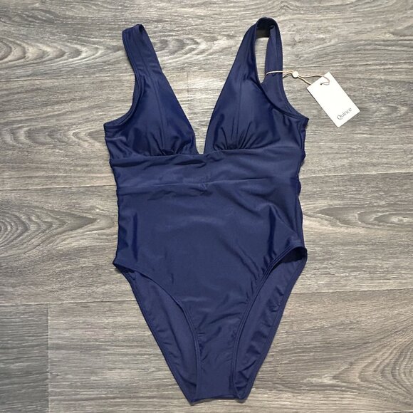 Quince Small Italian Plunge One-Piece Swimsuit Navy Blue Swim Bathing Suit - Picture 1 of 10